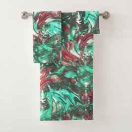 汚れたアクアマリンと赤、鈍い黒で汚れた バスタオルセット