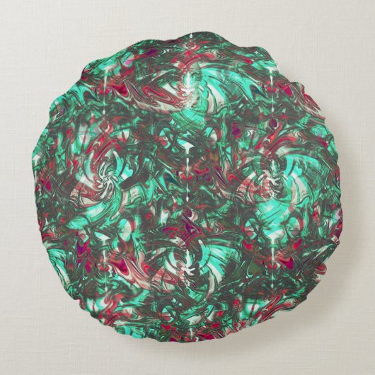 汚れたアクアマリンと赤、鈍い黒で汚れた ラウンドクッション (裏面)