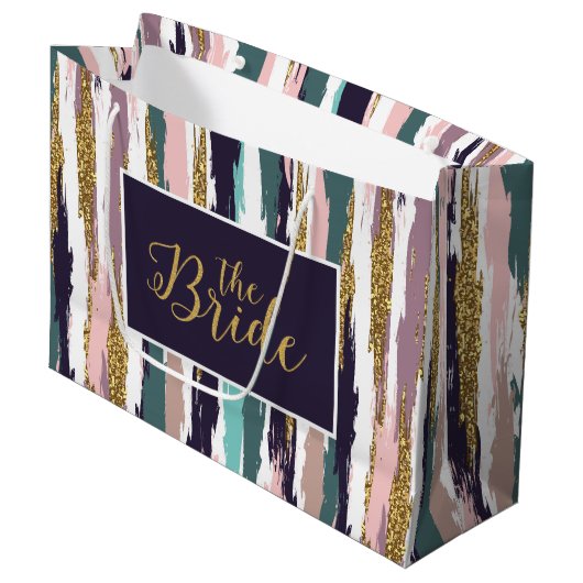 汚れたカラフルの水色のブラシストロークのパターン ラージペーパーバッグ (正面アングル)