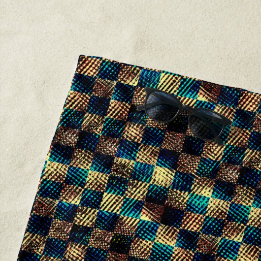 汚れたチェスとスクラッチ効果，青と黄色 ビーチタオル (インサイチュ)