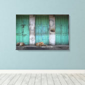 汚れた緑のドアのキャンバスの前に野良犬 キャンバスプリント (インサイチュ (ウッドフロア))