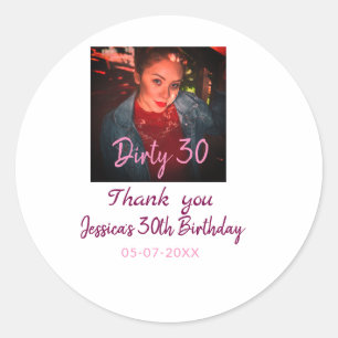 汚れた30歳の誕生日 名前 ピンク 写真 日付を追加 ラウンドシール