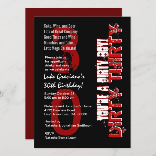 汚れた30第30誕生日の黒い赤汚れた男の子 招待状 (正面/裏面)