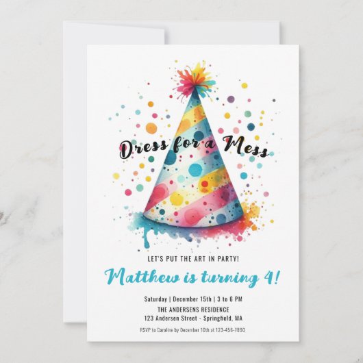 汚れてもいい子供のアート塗り絵パーティー男子誕生日 招待状 (正面)
