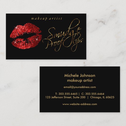 汚れのない唇 – 赤いグリッターとエレガント金ゴールド 名刺 (正面/裏面)