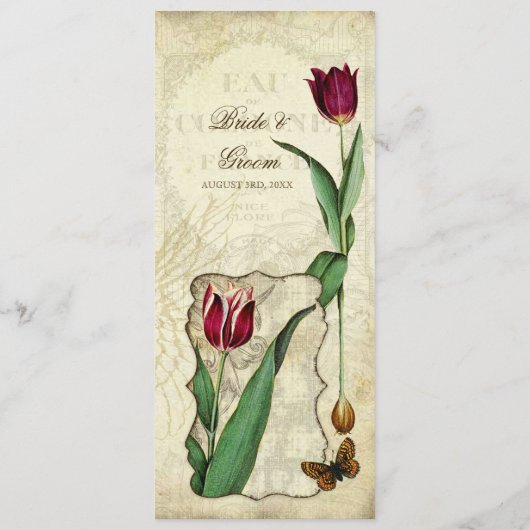 汚れる赤いヴィンテージのチューリップの天使の翼の渦巻の茶 メニュー (裏面)