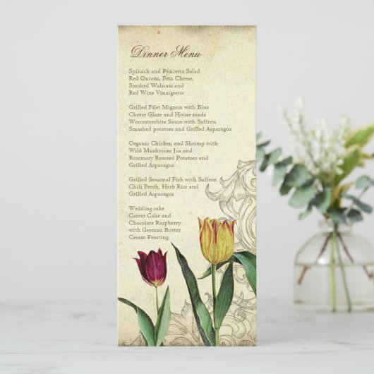 汚れる赤いヴィンテージのチューリップの天使の翼の渦巻の茶 メニュー (スタンド正面)