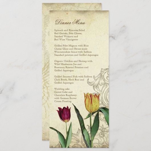 汚れる赤いヴィンテージのチューリップの天使の翼の渦巻の茶 メニュー (正面/裏面)