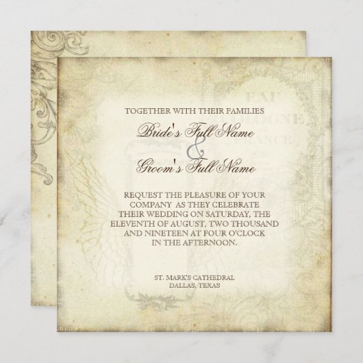 汚れる赤いヴィンテージのチューリップの天使の翼の渦巻の茶 招待状 (正面/裏面)