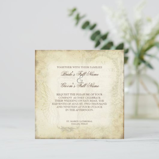 汚れる赤いヴィンテージのチューリップの天使の翼の渦巻の茶 招待状 (スタンド正面)