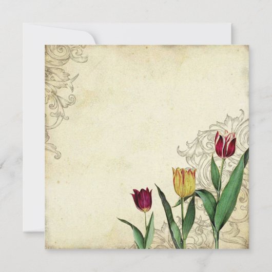 汚れる赤いヴィンテージのチューリップの天使の翼の渦巻の茶 招待状 (裏面)