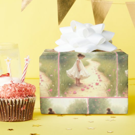 汚れ道にピンクのハートがある小さな女の子 ラッピングペーパー (誕生日パーティー)