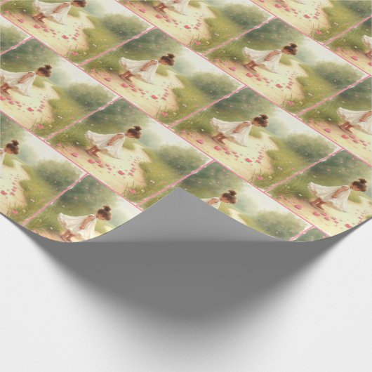 汚れ道にピンクのハートがある小さな女の子 ラッピングペーパー (角)