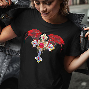 汚染された赤い宝石で飾られた金ゴールドチップのクリスチャンクロス Tシャツ