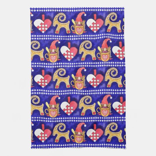 汚点の白くおよび赤いスウェーデンのクリスマスの水彩画 キッチンタオル (縦)