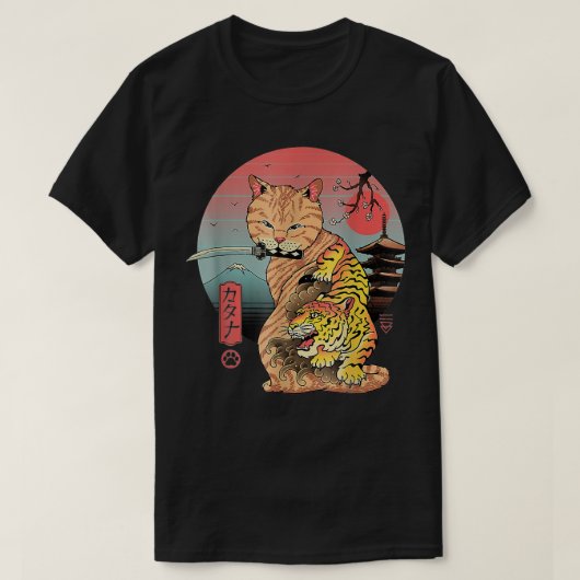 江戸猫のカタナに侍の猫芸術をアト日本のート Tシャツ (デザイン正面)