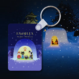 江戸猫雪のお祝い長方形 キーホルダー