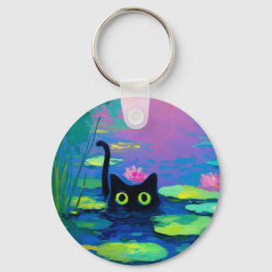 池おもしろいで泳ぐ黒猫 アー予測できなト キーホルダー