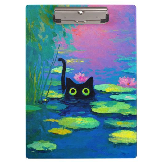 池おもしろいで泳ぐ黒猫 | アー予測できなト クリップボード (正面)