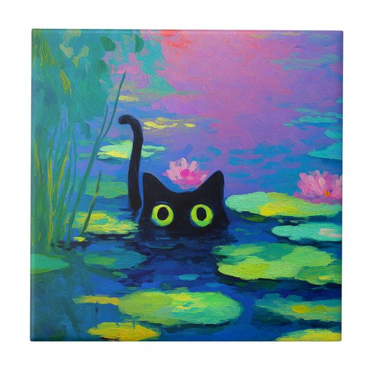 池おもしろいで泳ぐ黒猫 | アー予測できなト タイル (正面)