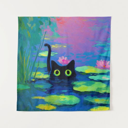池おもしろいで泳ぐ黒猫 | アー予測できなト タペストリー (正面)