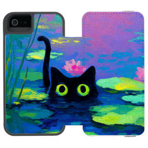 池おもしろいで泳ぐ黒猫 アー予測できなト iPhone SE/5/5sウォレットケース