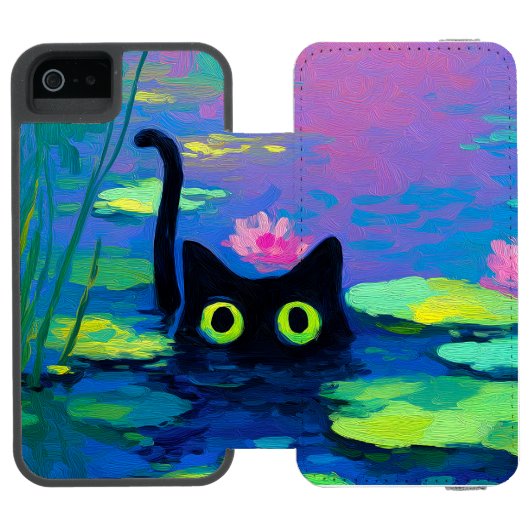 池おもしろいで泳ぐ黒猫 | アー予測できなト INCIPIO iPhoneウォレットケース (フォリオ Open)