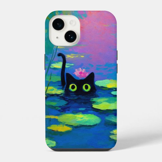 池おもしろいで泳ぐ黒猫 | アー予測できなト iPhoneケース (裏面)
