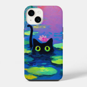 池おもしろいで泳ぐ黒猫 アー予測できなト iPhone 14ケース