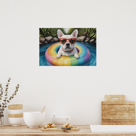 池おもしろいに浮フランスのかぶブルドッグ ポスター (キッチン)