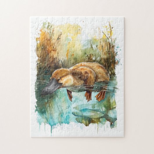 池で泳ぐ水色のカモノハシ ジグソーパズル (縦)