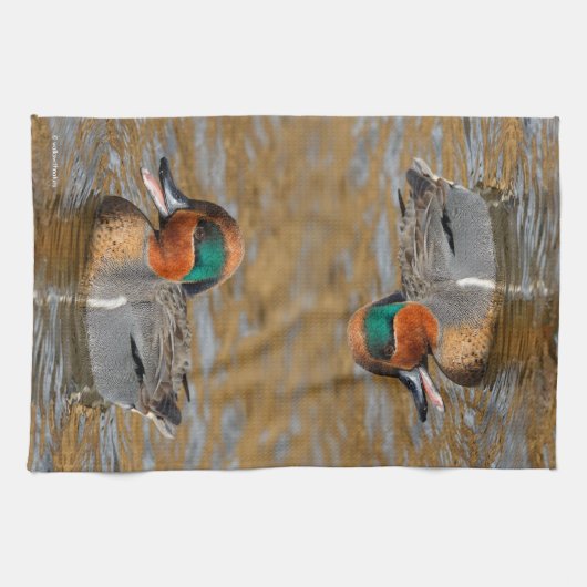 池で鳴き声を上げる緑の羽をしたティール（緑がかった色） キッチンタオル (横)