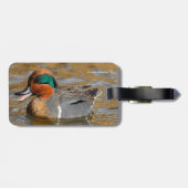 池で鳴き声を上げる緑の羽をしたティール（緑がかった色） ラゲッジタグ (裏面横)