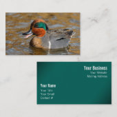 池で鳴き声を上げる緑の羽をしたティール(緑がかった色) 名刺 (正面/裏面)