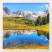 池と雪の山と緑の風景 ガラスコースター (正面)