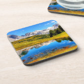 池と雪の山と緑の風景 コースター (左側)