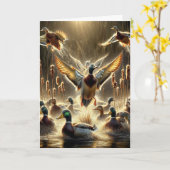 池に入ったアヒルの誕生日 カード (黄色い花)