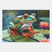 池に座ってかわいい小さなカエル ラッピングペーパーシート (正面3)