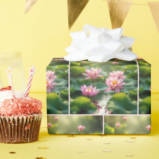池に浮かぶピンクのハス ラッピングペーパー (誕生日パーティー)
