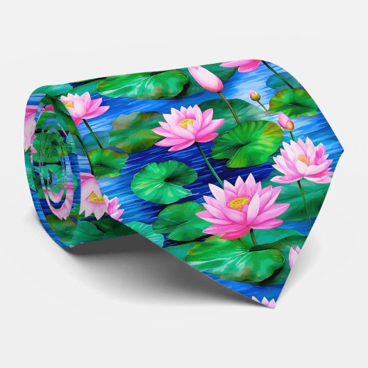 池に浮かぶピンクの蓮の花 ネクタイ (ロール)
