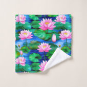 池に浮かぶピンクの蓮の花 バスタオルセット (ウォッシュタオル)