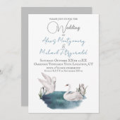 池に浮かぶロマンチックな結婚水色の白鳥 招待状 (正面/裏面)