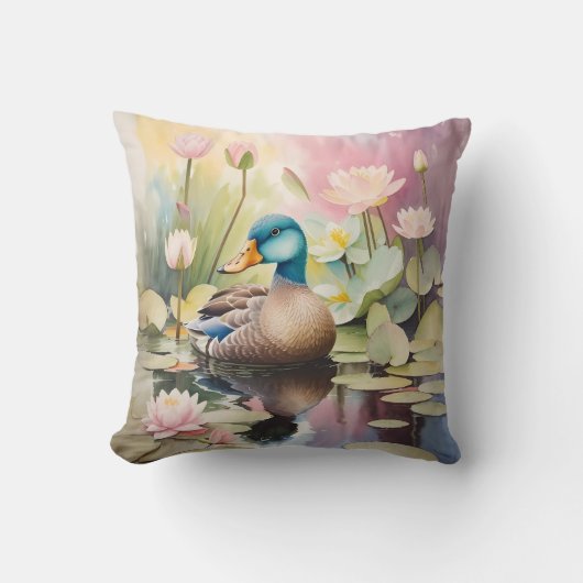 池に絵を描浮かぶ水色の鴨 クッション (正面)