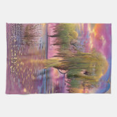 池のそばのピンクの夕日に柳の木 キッチンタオル (横)