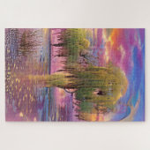 池のそばのピンクの夕日に柳の木 ジグソーパズル (横)