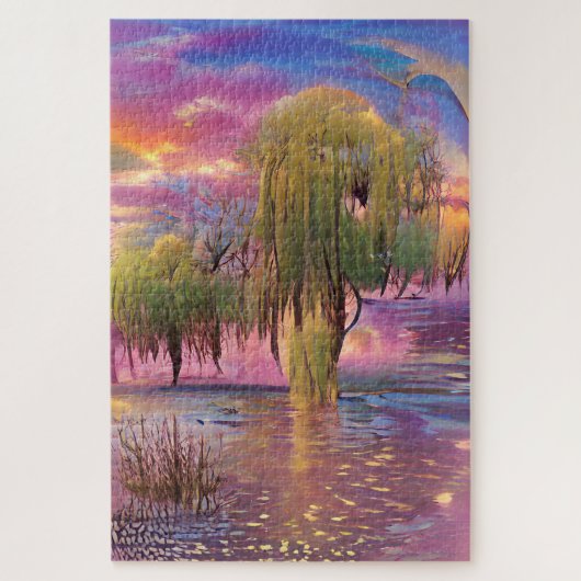 池のそばのピンクの夕日に柳の木 ジグソーパズル (縦)