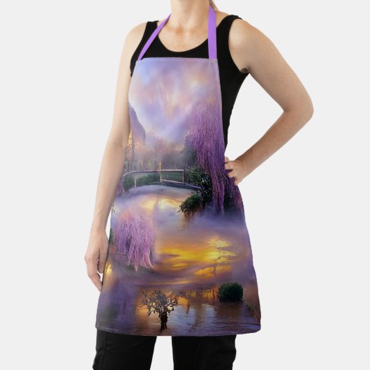 池のそばの夕暮れ時のピンクの柳 エプロン (インサイチュ)