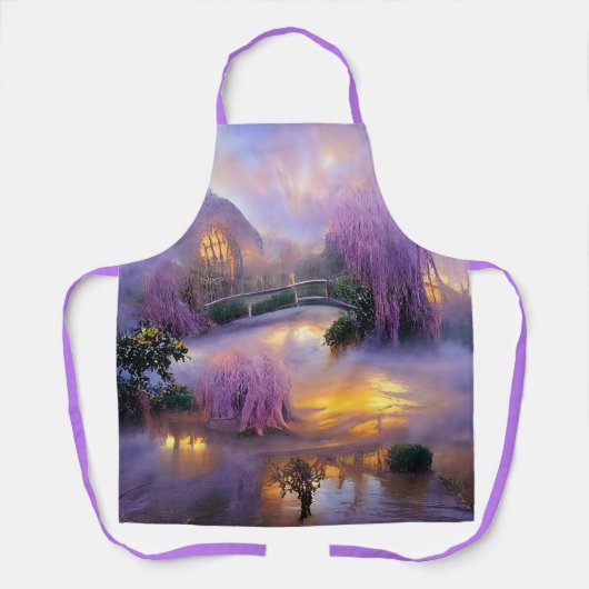 池のそばの夕暮れ時のピンクの柳 エプロン (正面)