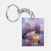 池のそばの夕暮れ時のピンクの柳 キーホルダー (正面左)