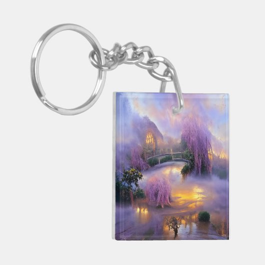 池のそばの夕暮れ時のピンクの柳 キーホルダー (正面左)